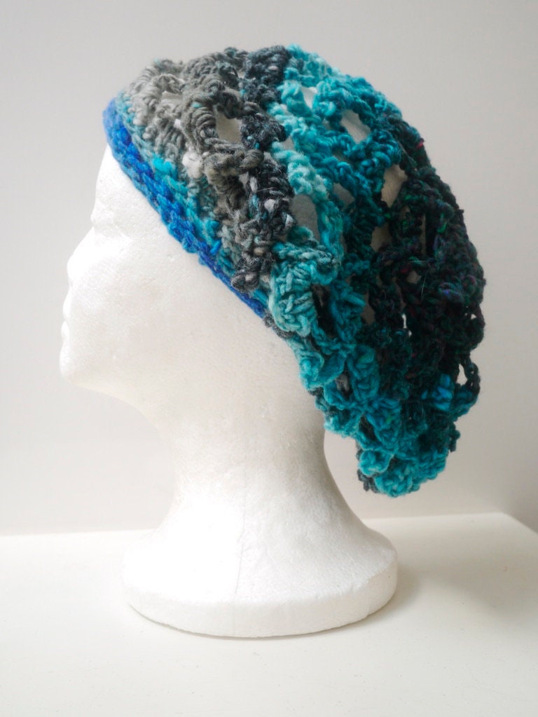 Blue grey green hat, multi color hat, crochet hat, handmade hat, freeform crochet, boho hat, unique hat, slouchy hat "content”