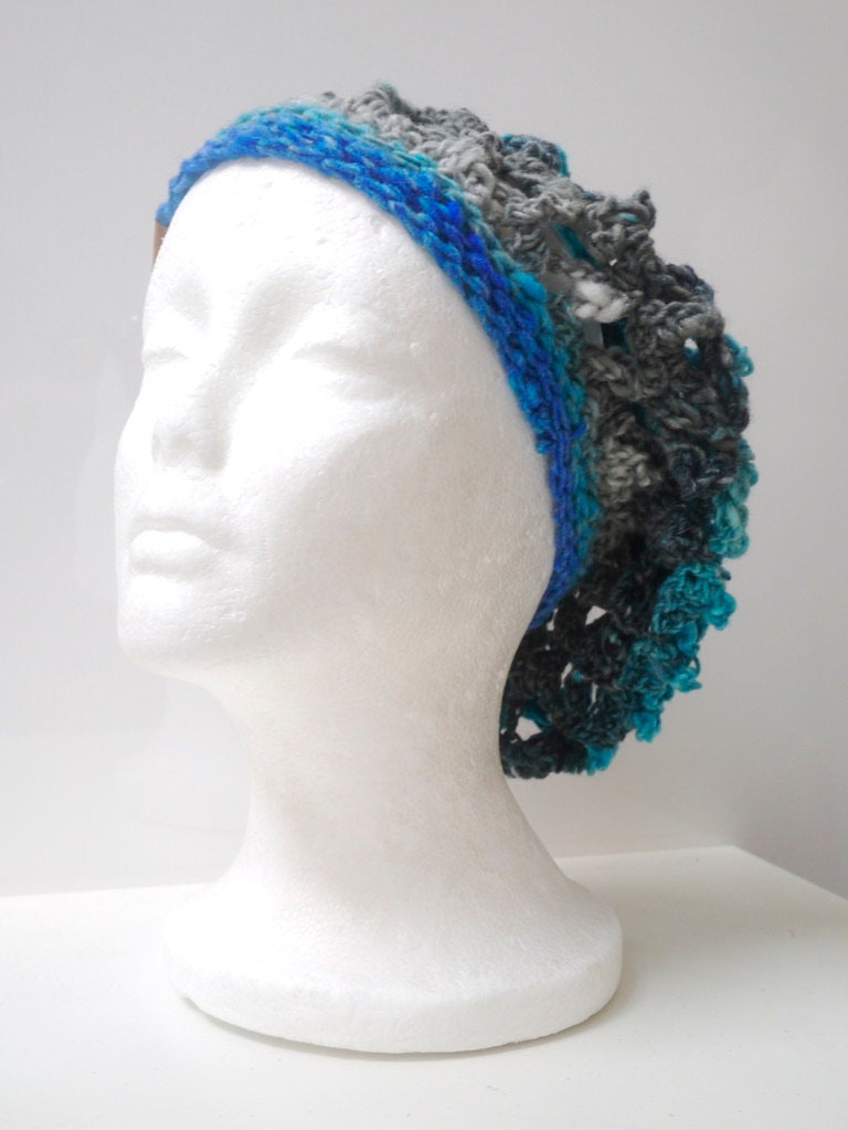 Blue grey green hat, multi color hat, crochet hat, handmade hat, freeform crochet, boho hat, unique hat, slouchy hat "content”
