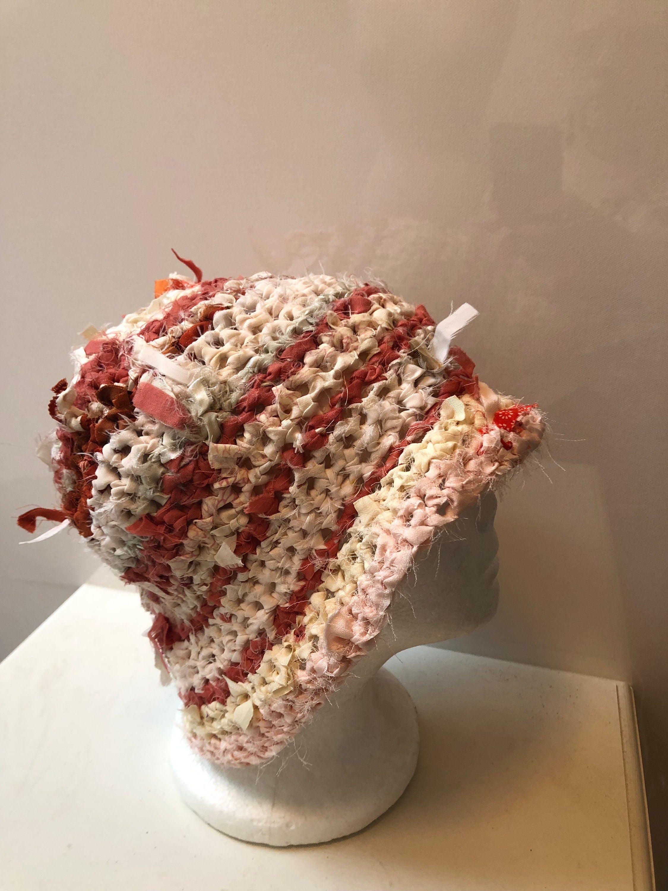 Peach rust striped hat, vintage Japanese scrap hat, bucket hat, crocheted hat, handmade hat, recycled fabric hat "delite”