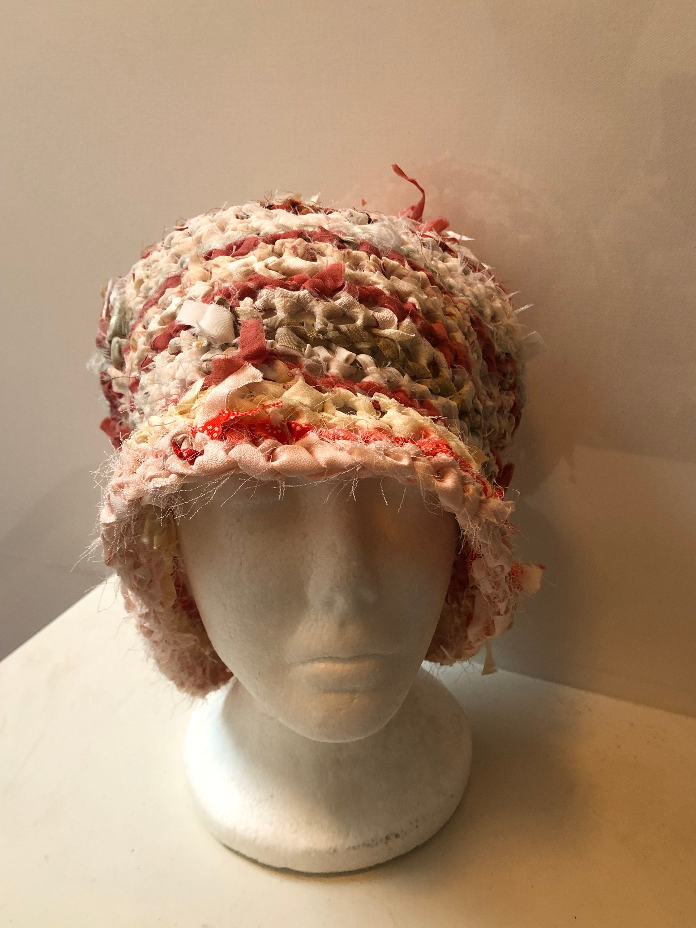 Peach rust striped hat, vintage Japanese scrap hat, bucket hat, crocheted hat, handmade hat, recycled fabric hat "delite”