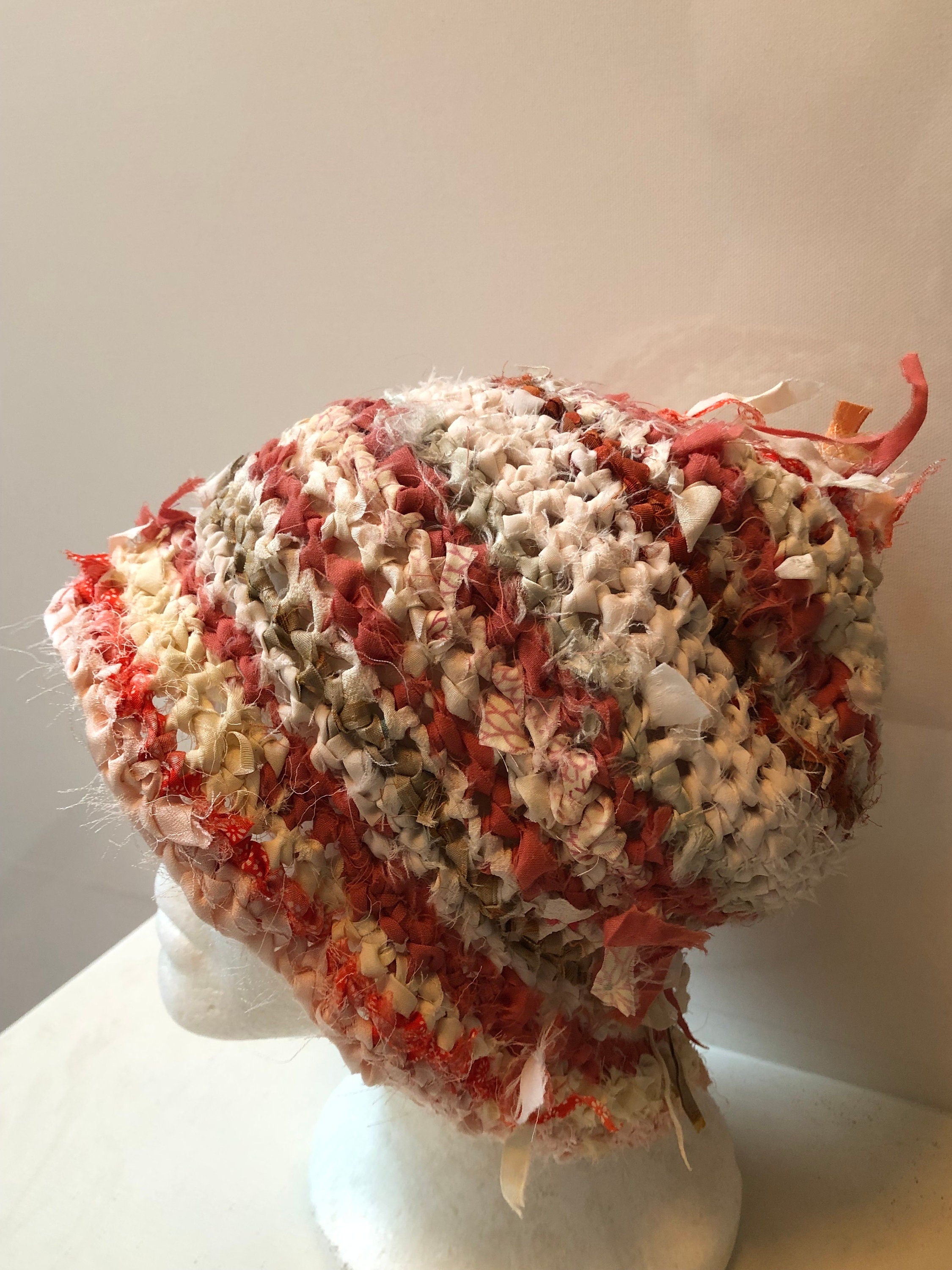 Peach rust striped hat, vintage Japanese scrap hat, bucket hat, crocheted hat, handmade hat, recycled fabric hat "delite”