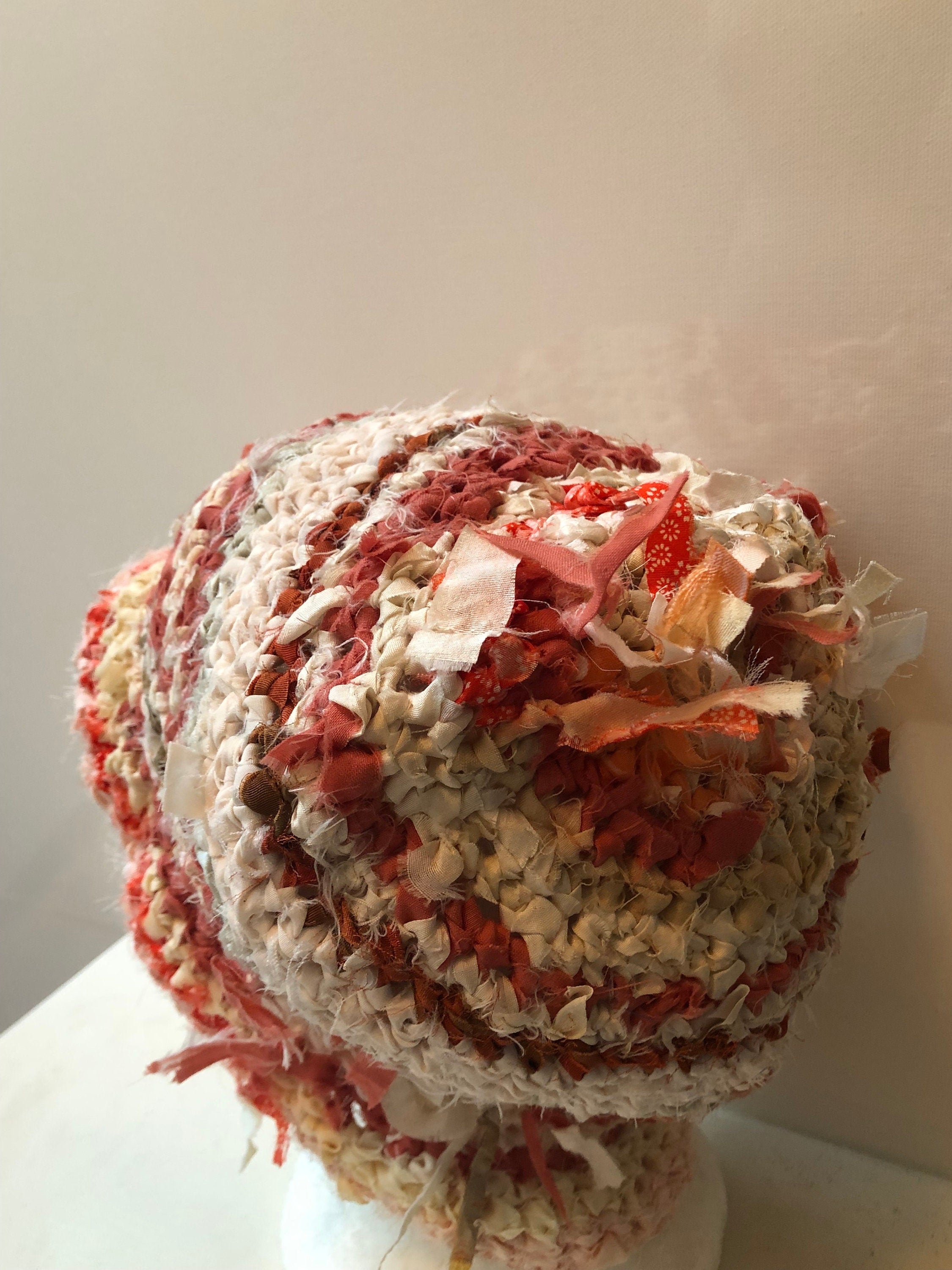 Peach rust striped hat, vintage Japanese scrap hat, bucket hat, crocheted hat, handmade hat, recycled fabric hat "delite”