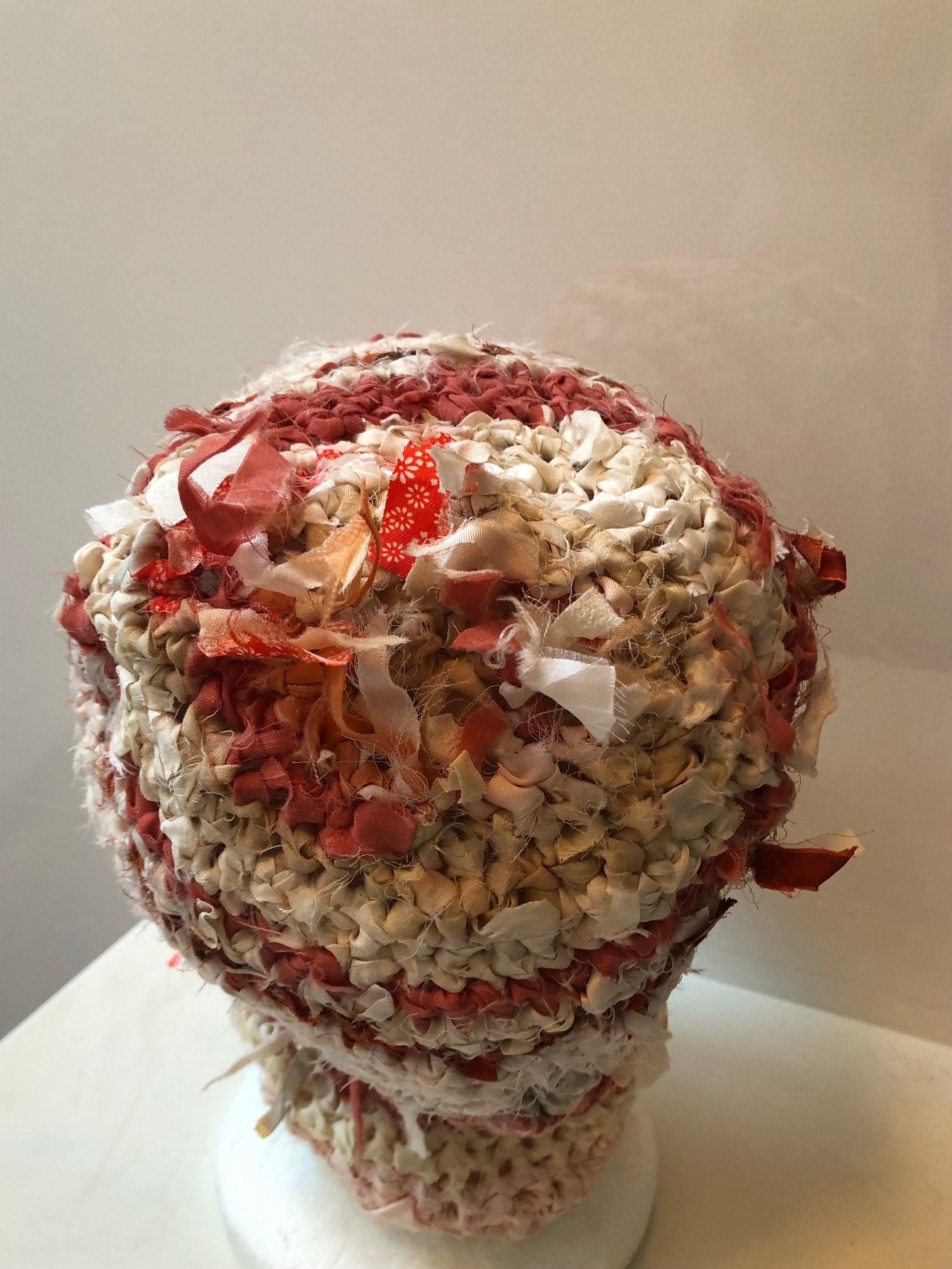 Peach rust striped hat, vintage Japanese scrap hat, bucket hat, crocheted hat, handmade hat, recycled fabric hat "delite”