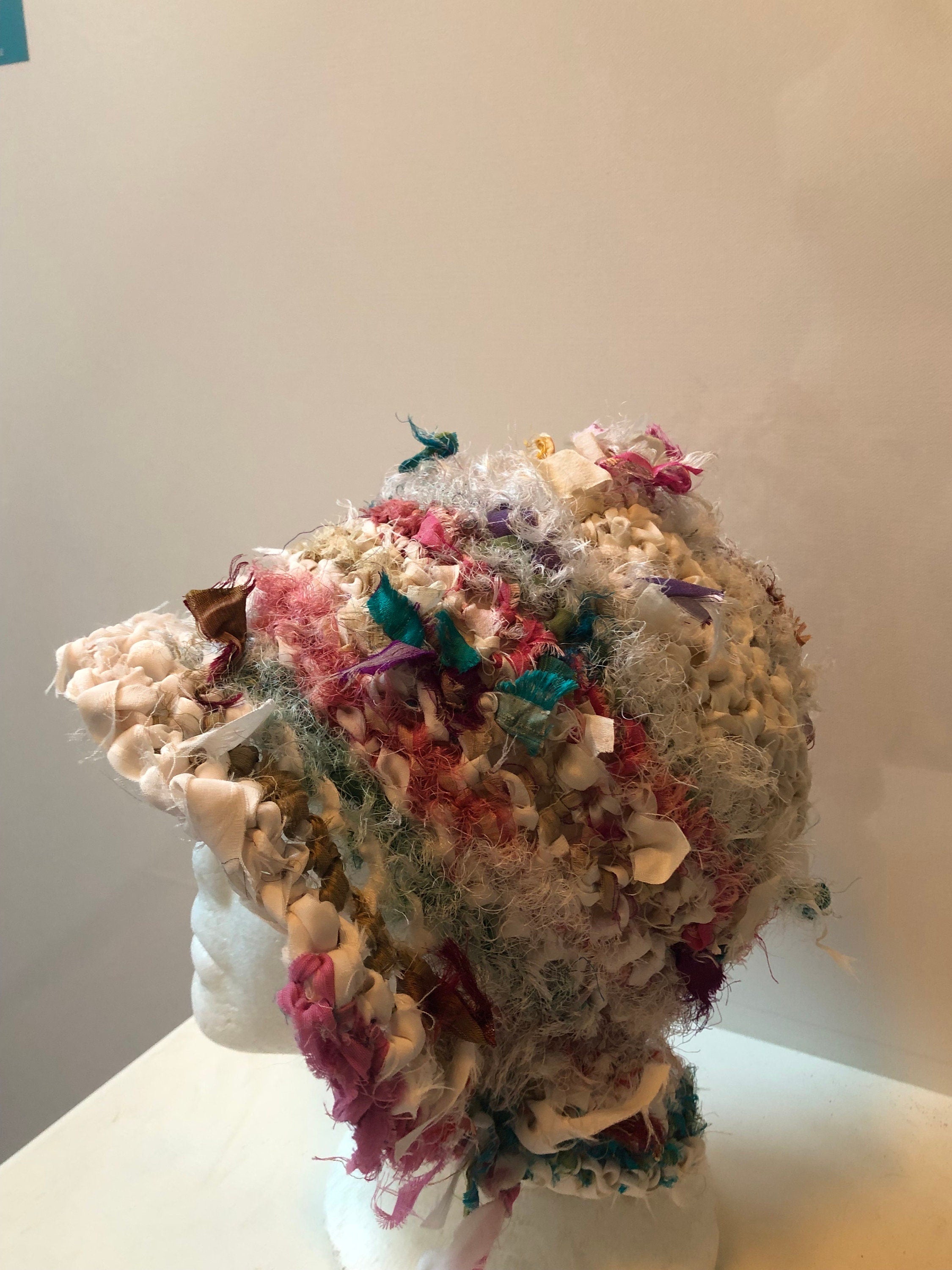 Brimmed crocheted hat: upcycled sari scraps