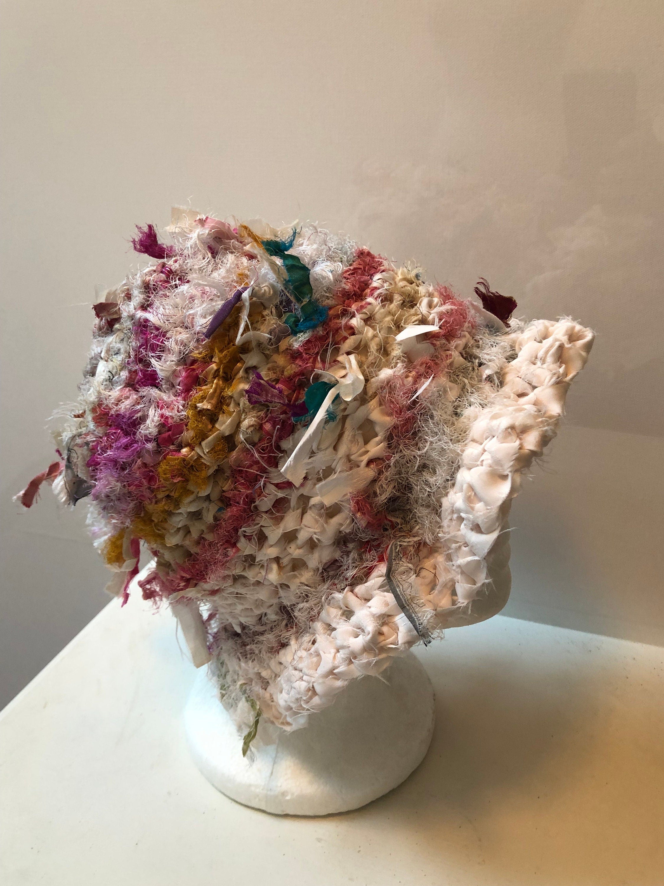 Brimmed crocheted hat: upcycled sari scraps