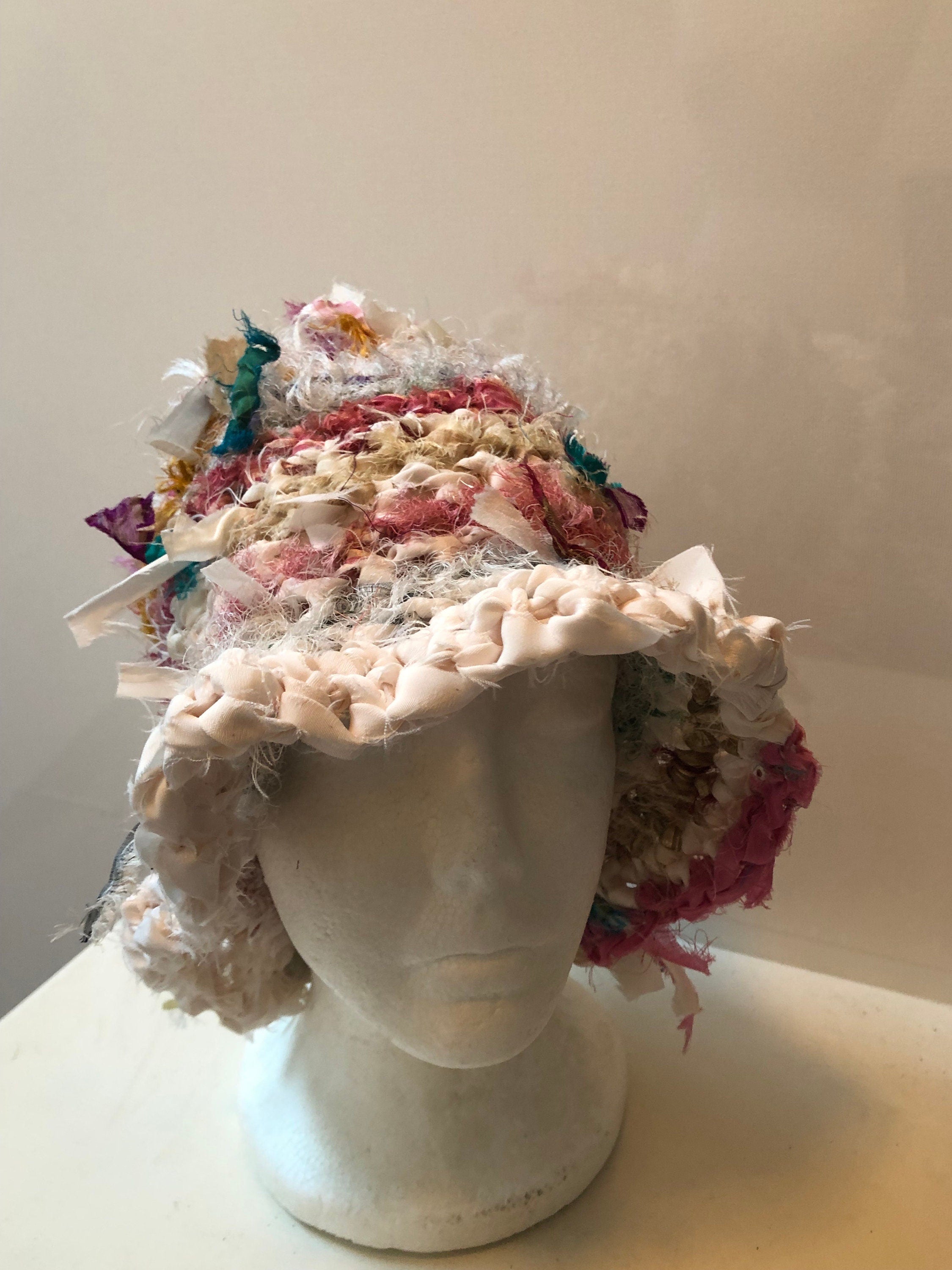 Brimmed crocheted hat: upcycled sari scraps
