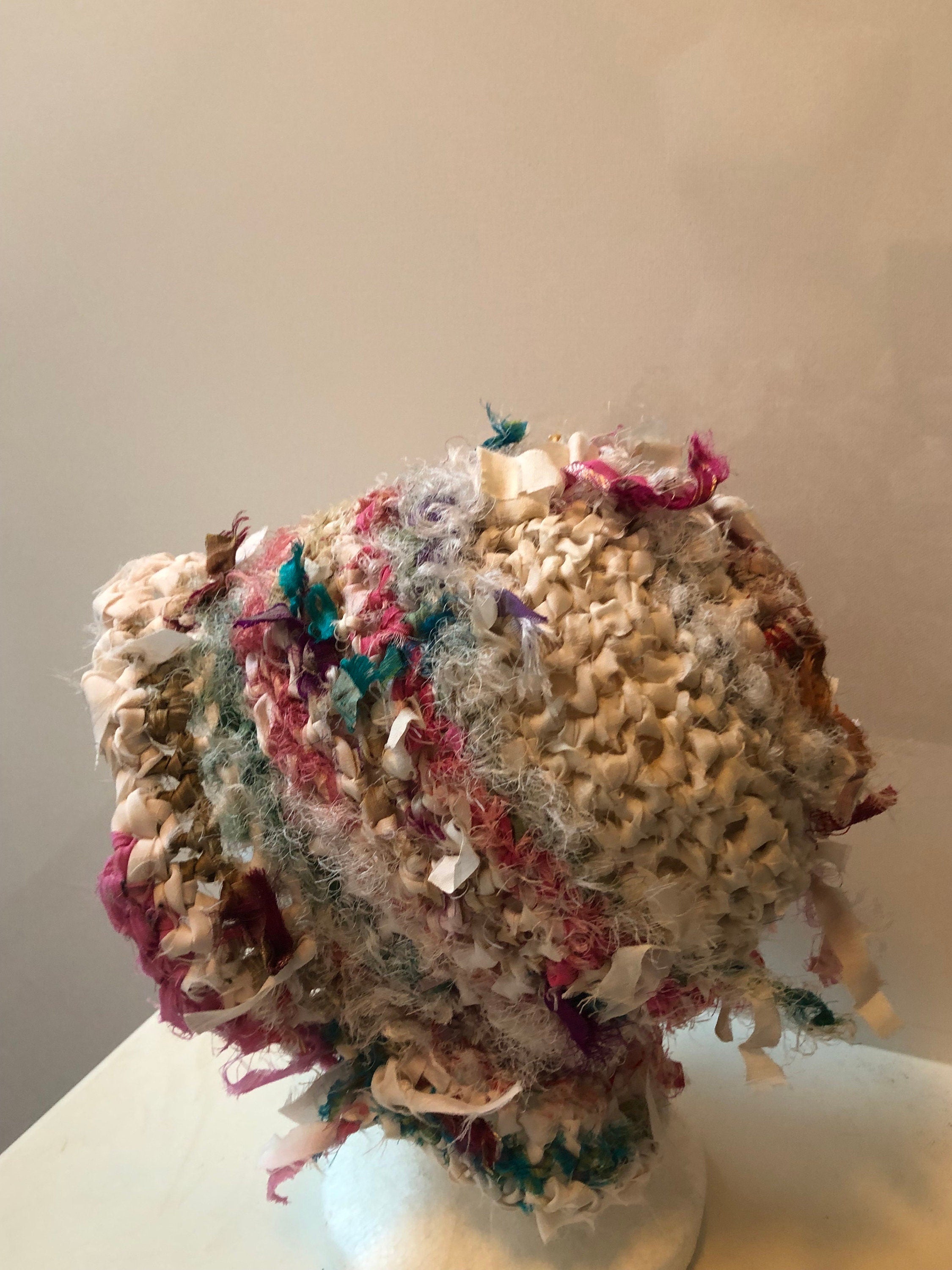 Brimmed crocheted hat: upcycled sari scraps