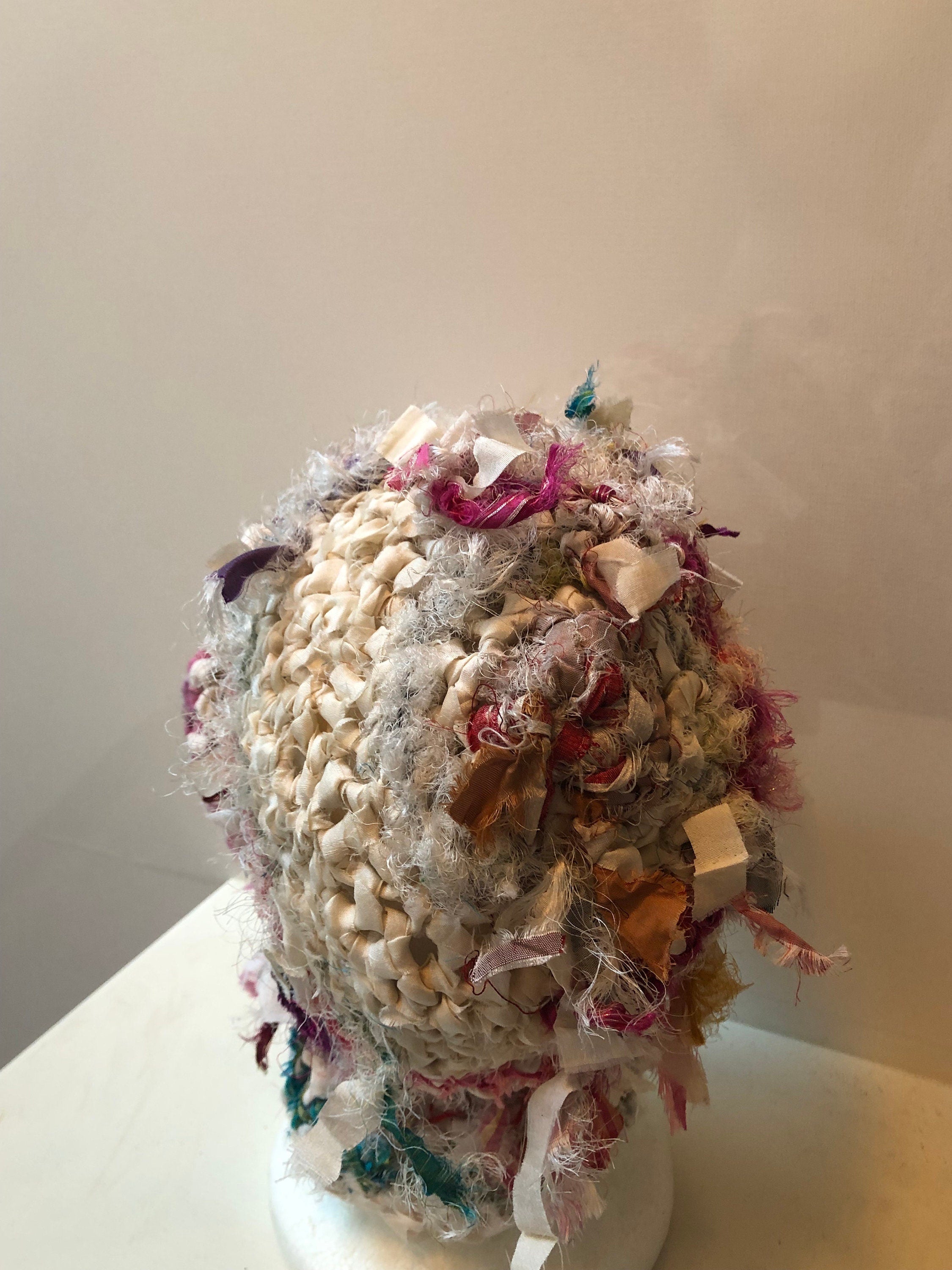 Brimmed crocheted hat: upcycled sari scraps