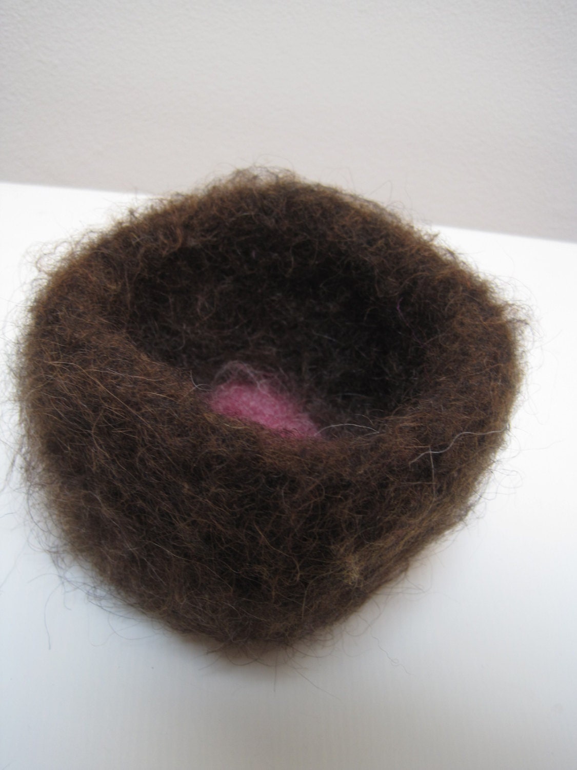 Crochet Brown and pink square Felted Wool basket made from Icelandic Lopi yarn