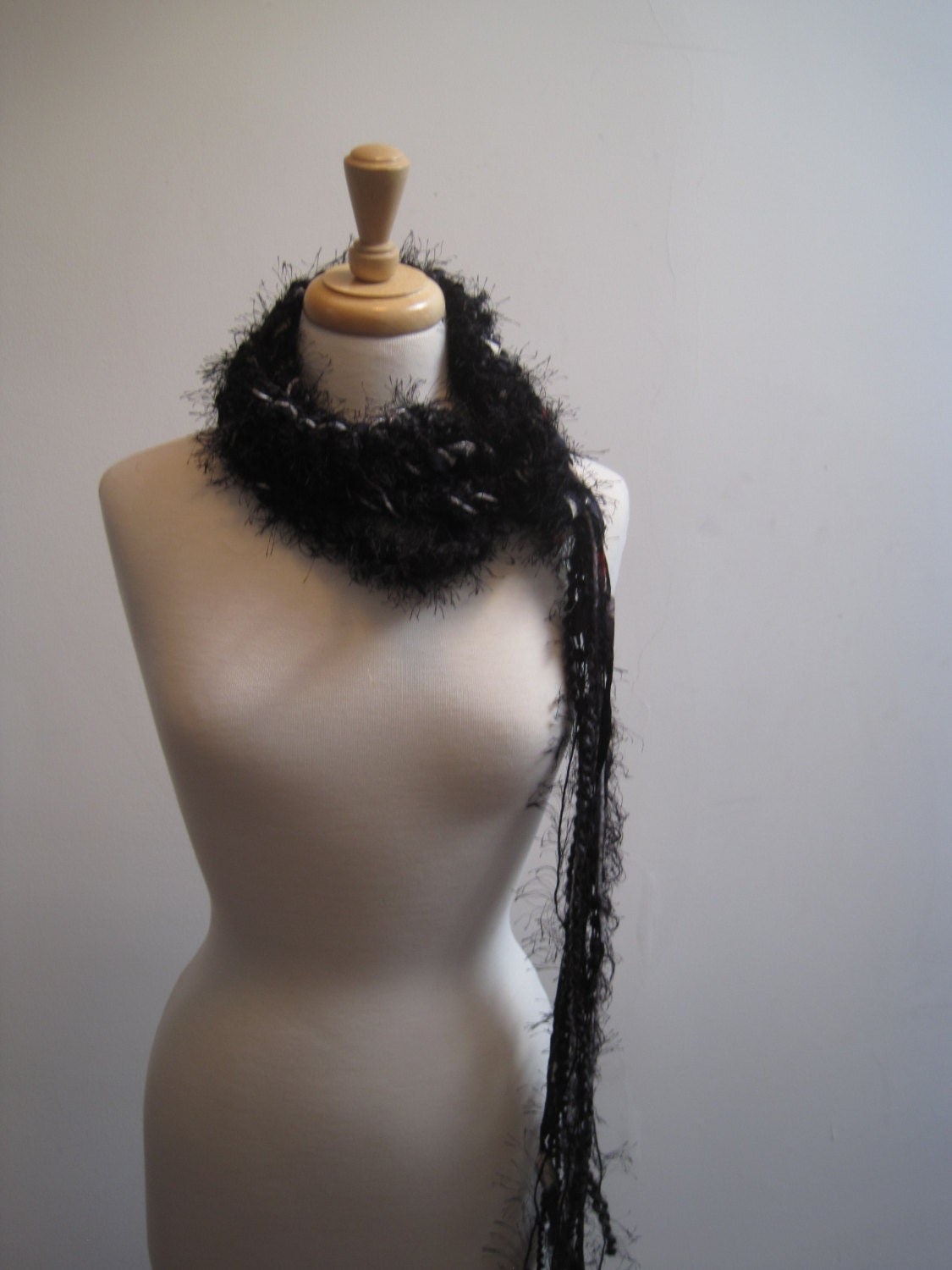 crocheted black grey and red long skinny scarf, belt or garland "intrigue"