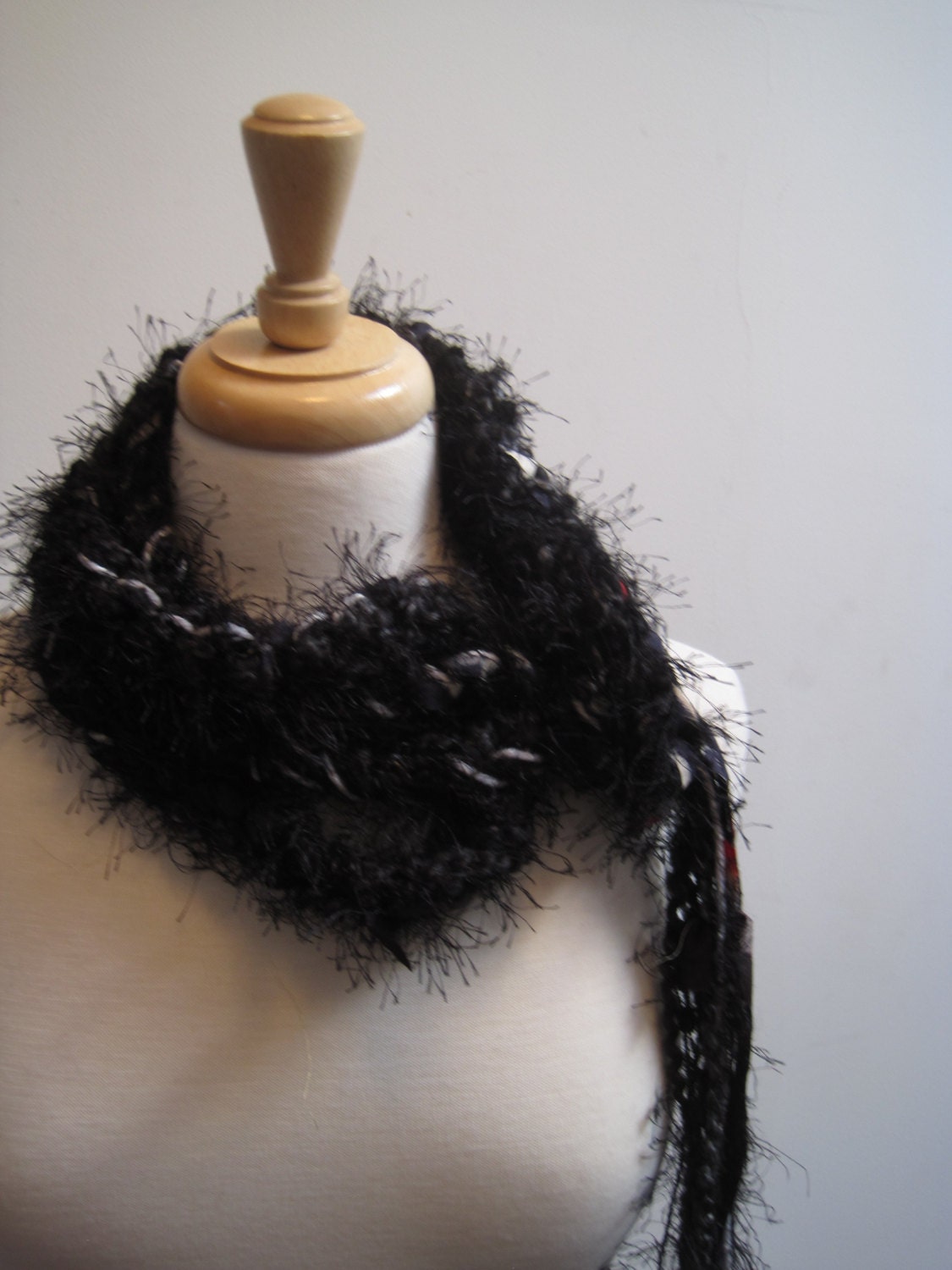 crocheted black grey and red long skinny scarf, belt or garland "intrigue"