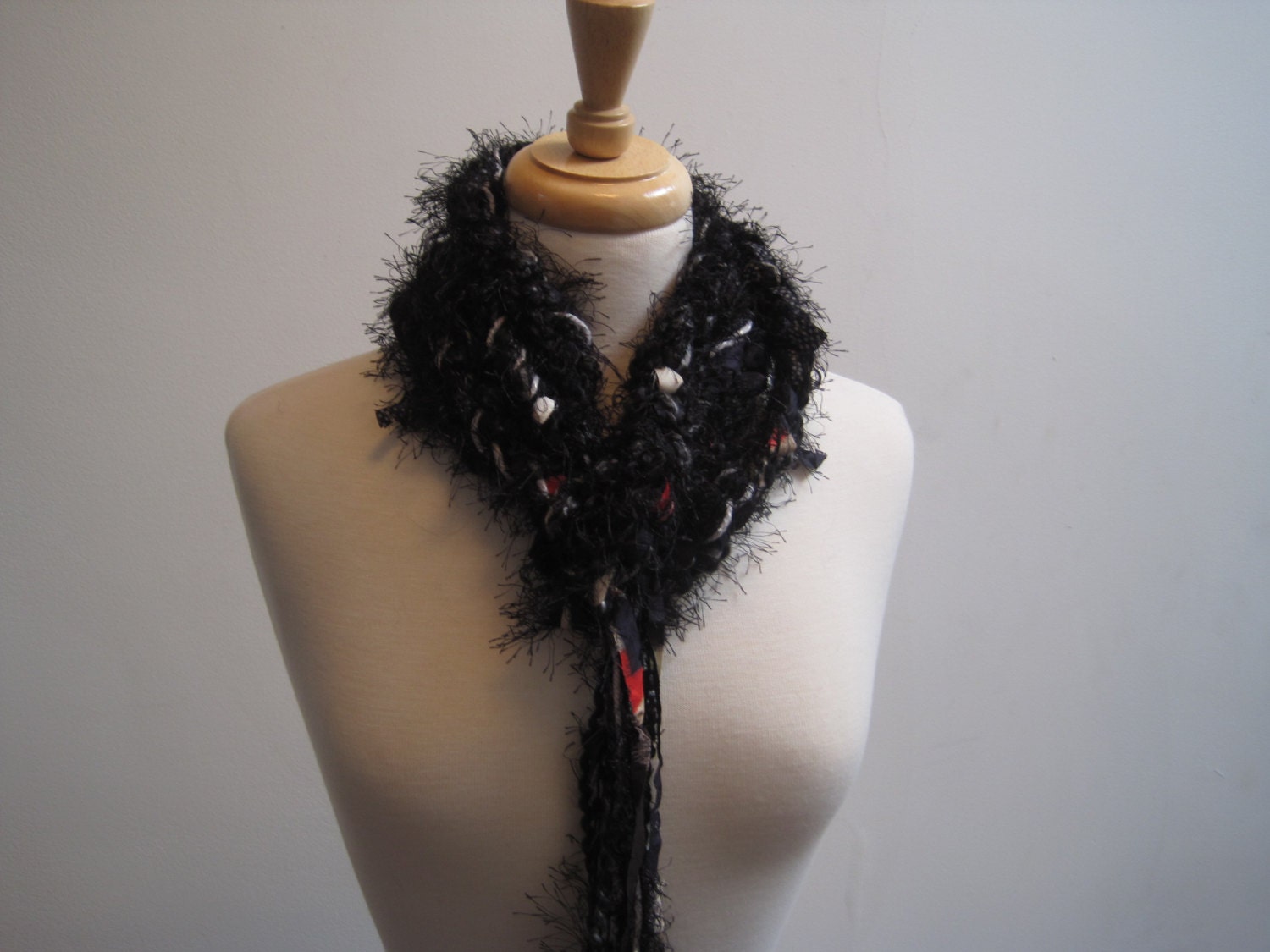 crocheted black grey and red long skinny scarf, belt or garland "intrigue"