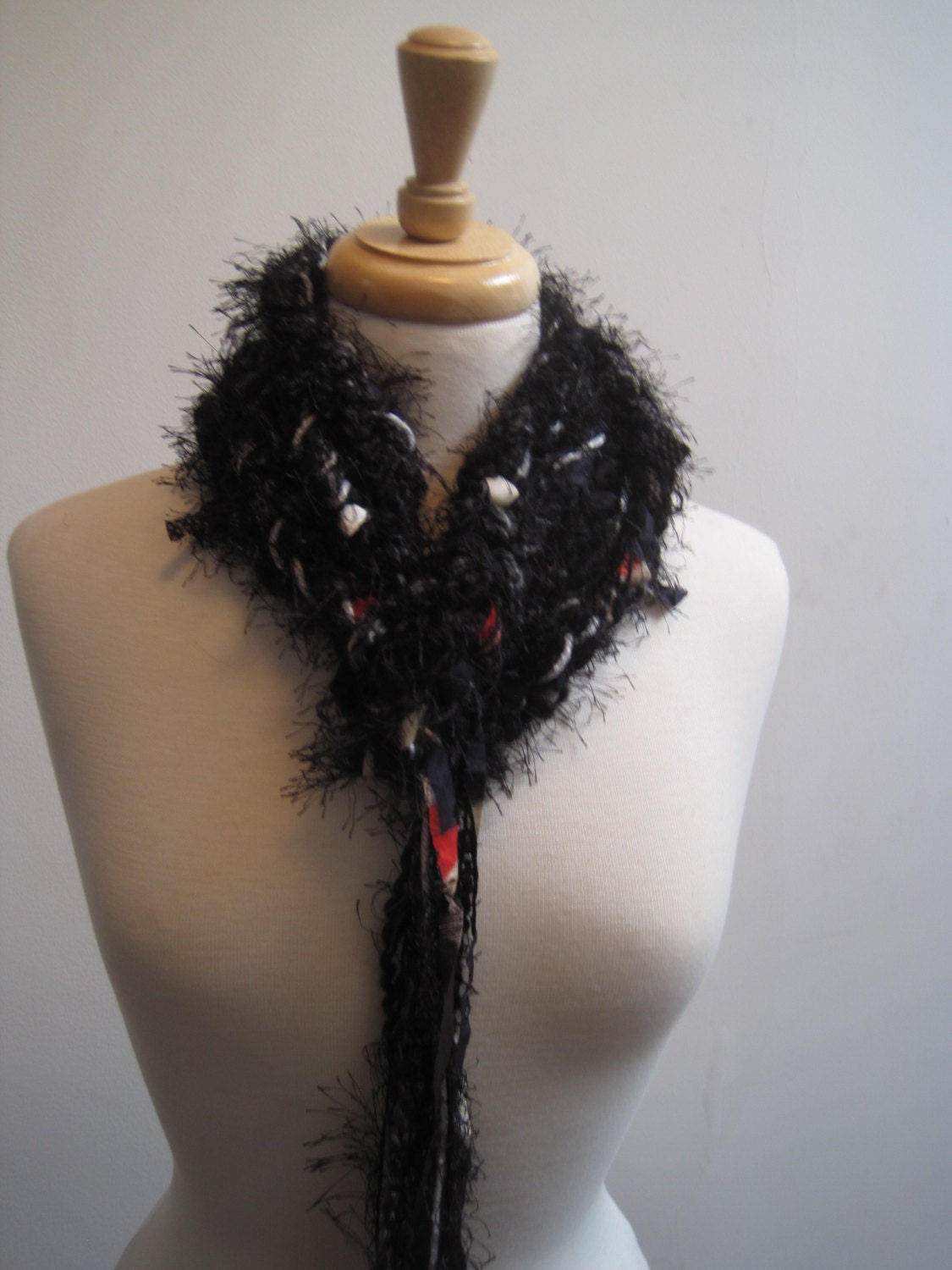 crocheted black grey and red long skinny scarf, belt or garland "intrigue"