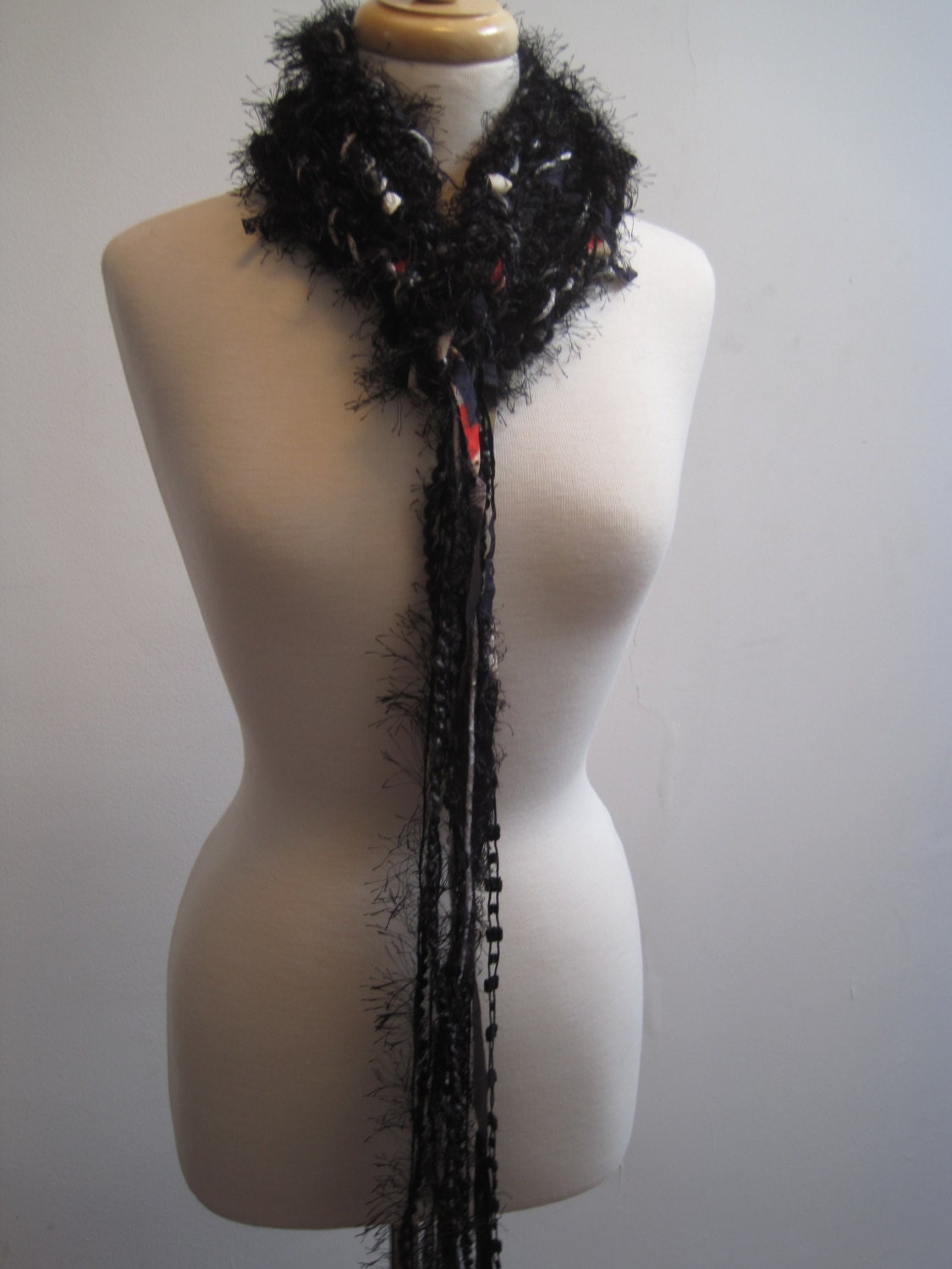 crocheted black grey and red long skinny scarf, belt or garland "intrigue"